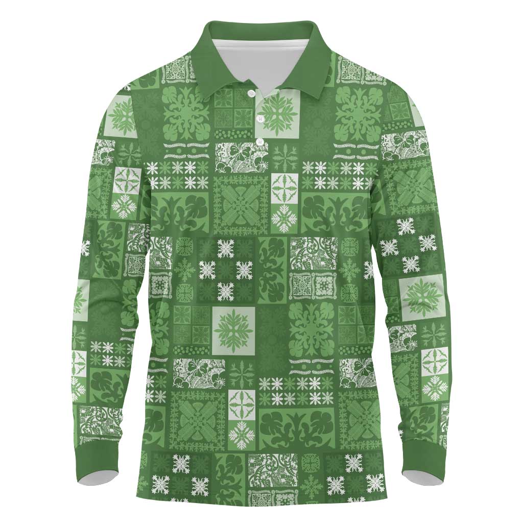 Vintage Hawaiian Quilting Patterns Long Sleeve Polo Shirt Green Style Tribal Fabric Patchwork - Polynesian Pride