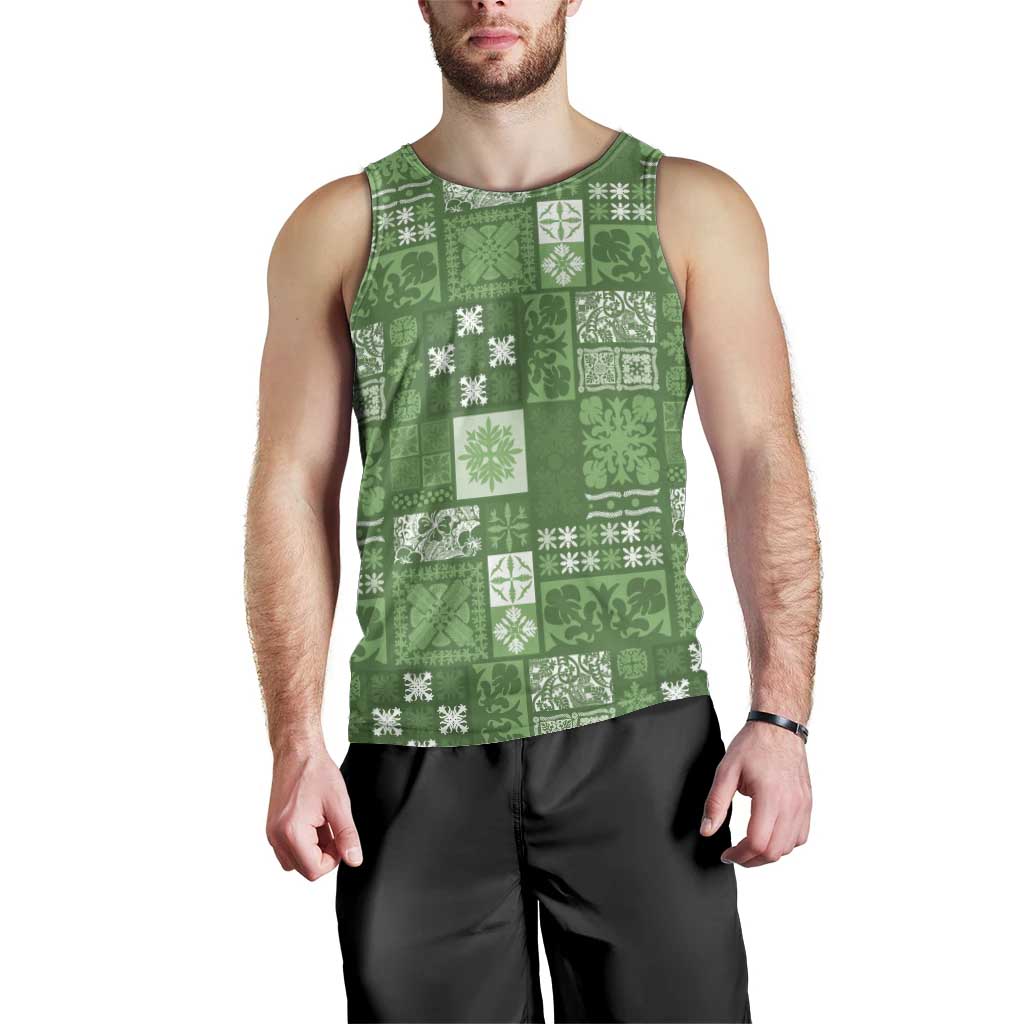 Vintage Hawaiian Quilting Patterns Men Tank Top Green Style Tribal Fabric Patchwork - Polynesian Pride