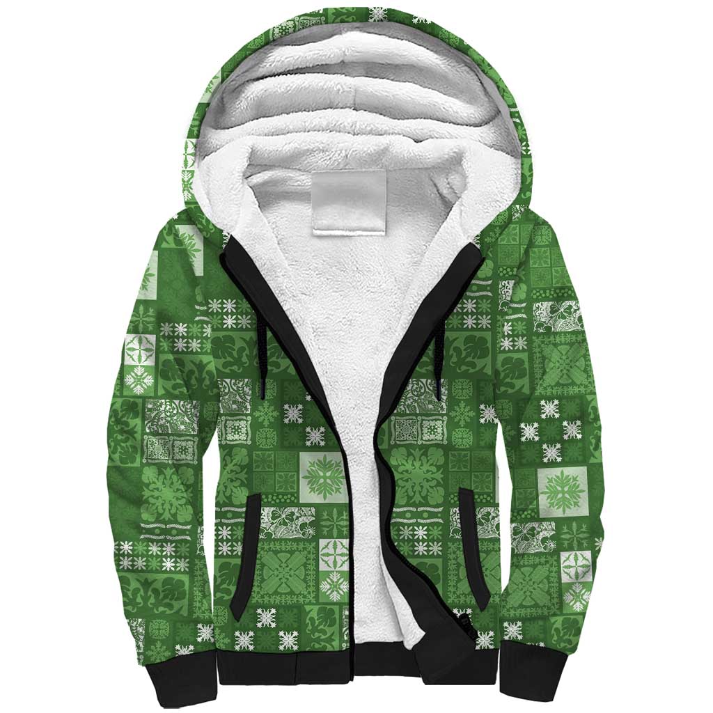 Vintage Hawaiian Quilting Patterns Sherpa Hoodie Green Style Tribal Fabric Patchwork - Polynesian Pride