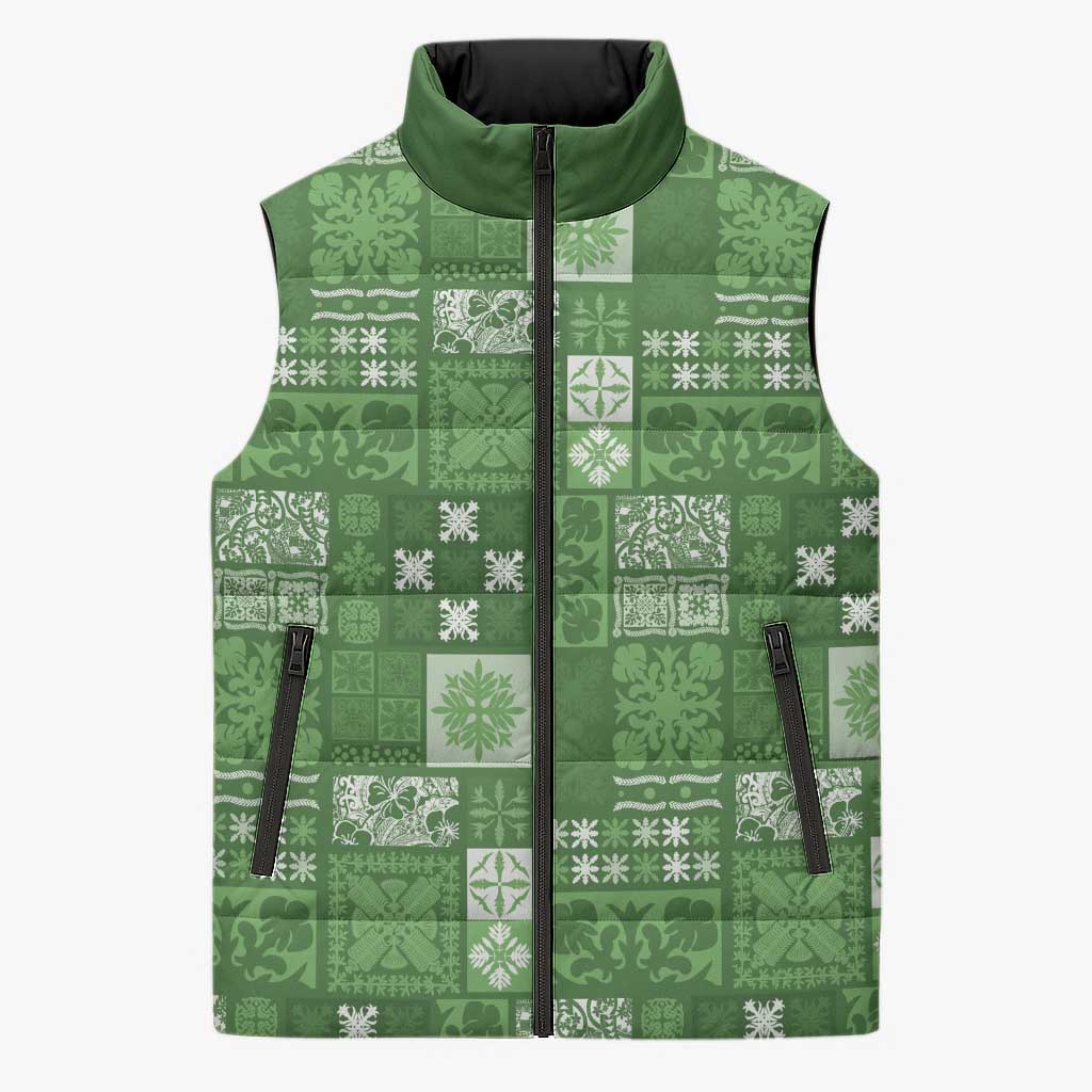 Vintage Hawaiian Quilting Patterns Sleeveless Puffer Jacket Green Style Tribal Fabric Patchwork - Polynesian Pride