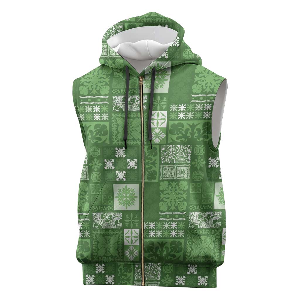 Vintage Hawaiian Quilting Patterns Sleeveless Zip Hoodie Green Style Tribal Fabric Patchwork - Polynesian Pride
