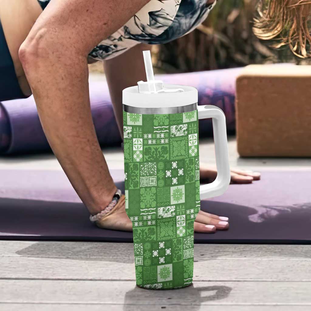 Vintage Hawaiian Quilting Patterns Tumbler With Handle Green Style Tribal Fabric Patchwork - Polynesian Pride