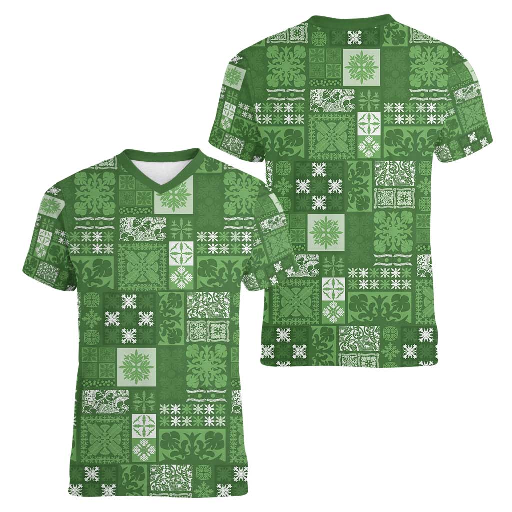 Vintage Hawaiian Quilting Patterns Women V-Neck T-Shirt Green Style Tribal Fabric Patchwork - Polynesian Pride