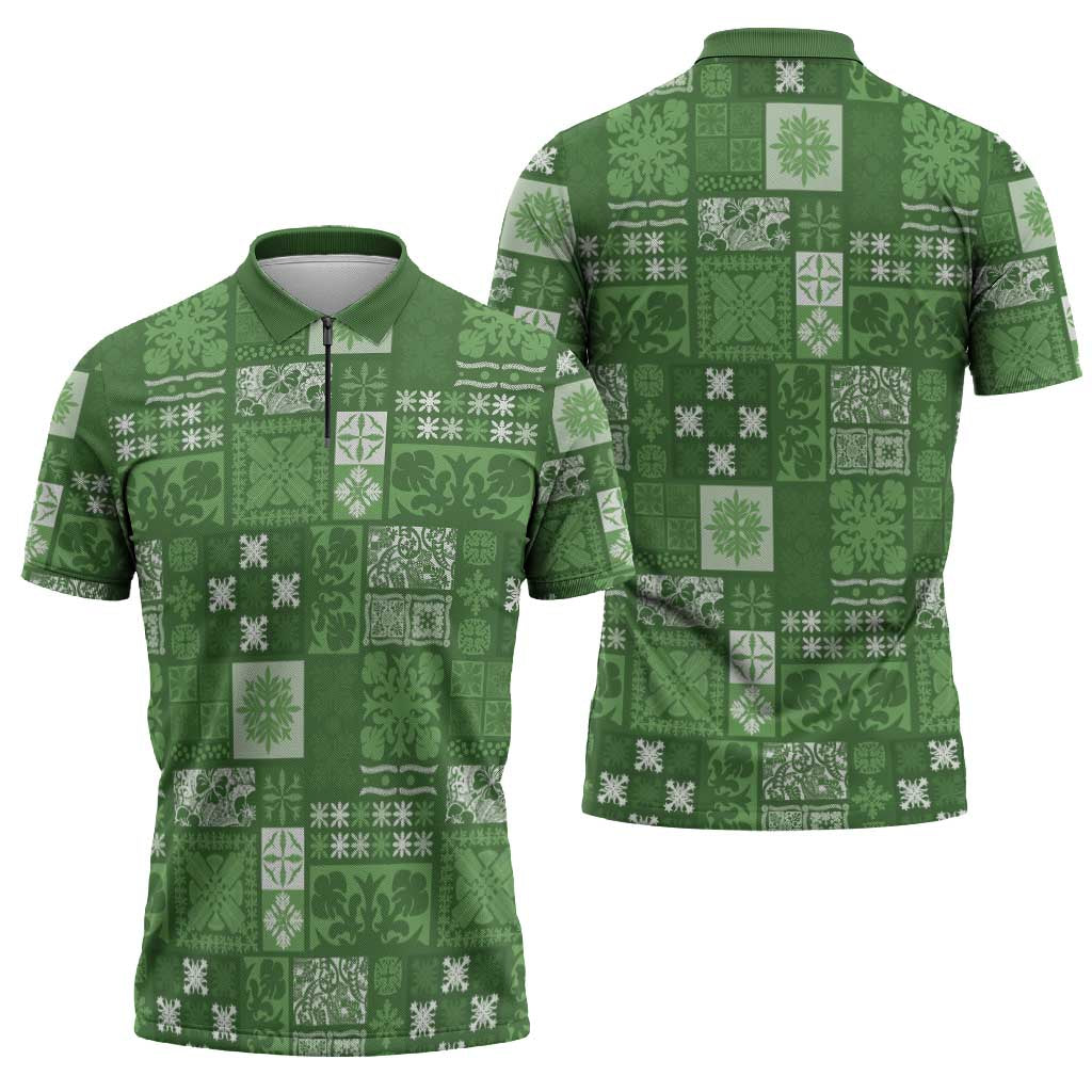 Vintage Hawaiian Quilting Patterns Zipper Polo Shirt Green Style Tribal Fabric Patchwork - Polynesian Pride