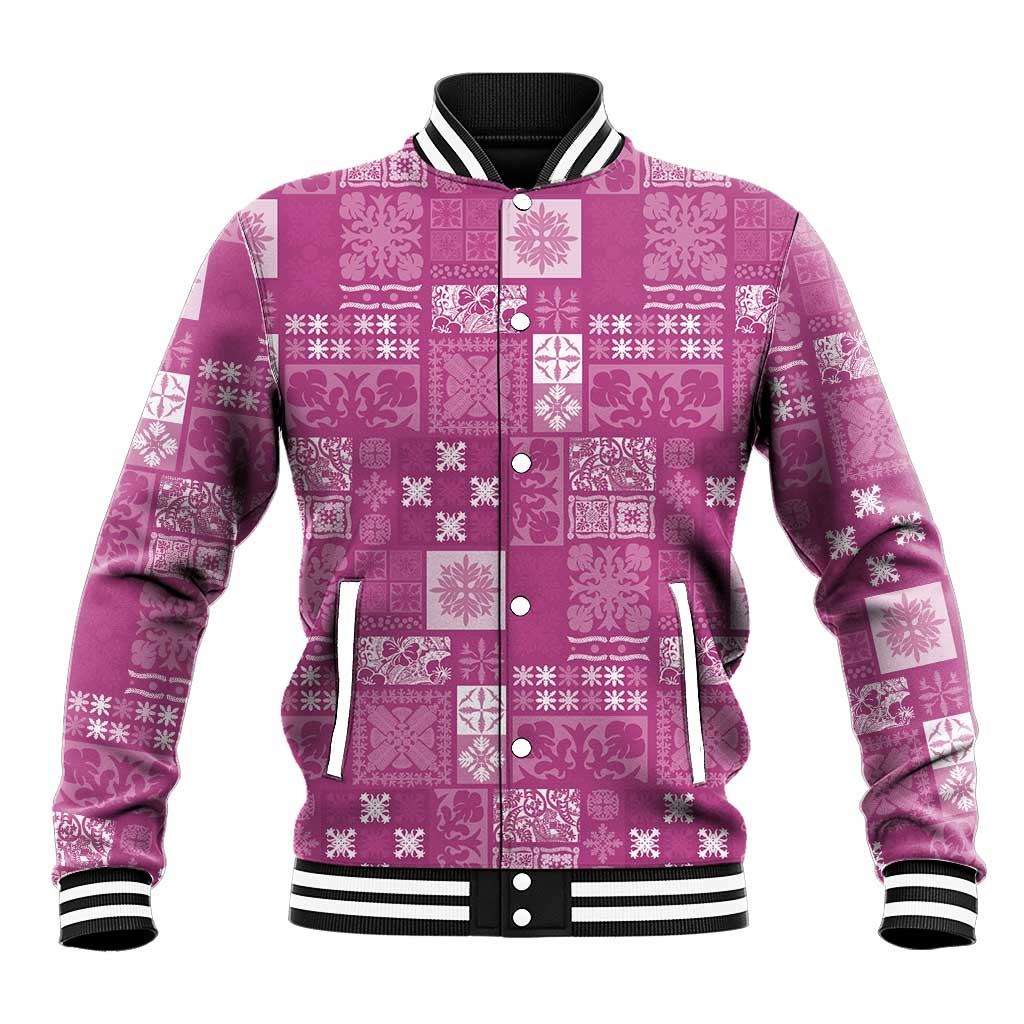 Vintage Hawaiian Quilting Patterns Baseball Jacket Pink Style Tribal Fabric Patchwork - Polynesian Pride