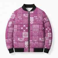 Vintage Hawaiian Quilting Patterns Bomber Puffer Jacket Pink Style Tribal Fabric Patchwork - Polynesian Pride
