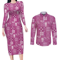 Vintage Hawaiian Quilting Patterns Couples Matching Long Sleeve Bodycon Dress and Long Sleeve Button Shirt Pink Style Tribal Fabric Patchwork - Polynesian Pride