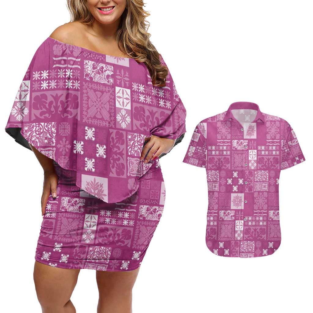 Vintage Hawaiian Quilting Patterns Couples Matching Off Shoulder Short Dress and Hawaiian Shirt Pink Style Tribal Fabric Patchwork - Polynesian Pride