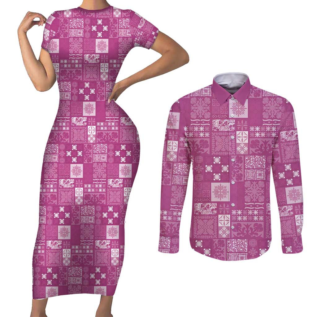 Vintage Hawaiian Quilting Patterns Couples Matching Short Sleeve Bodycon Dress and Long Sleeve Button Shirt Pink Style Tribal Fabric Patchwork - Polynesian Pride