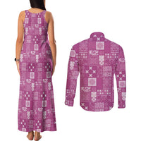 Vintage Hawaiian Quilting Patterns Couples Matching Tank Maxi Dress and Long Sleeve Button Shirt Pink Style Tribal Fabric Patchwork - Polynesian Pride