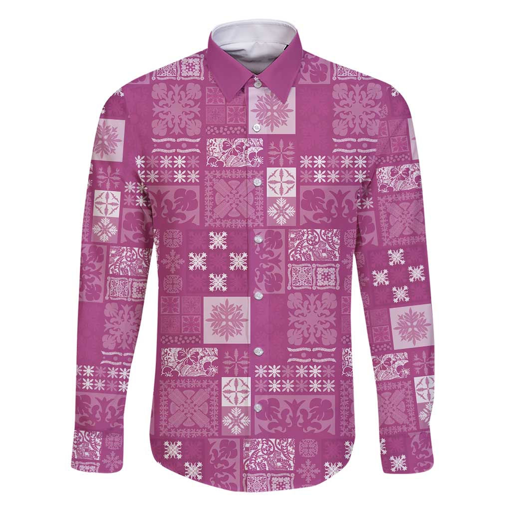 Vintage Hawaiian Quilting Patterns Family Matching Long Sleeve Bodycon Dress and Hawaiian Shirt Pink Style Tribal Fabric Patchwork - Polynesian Pride