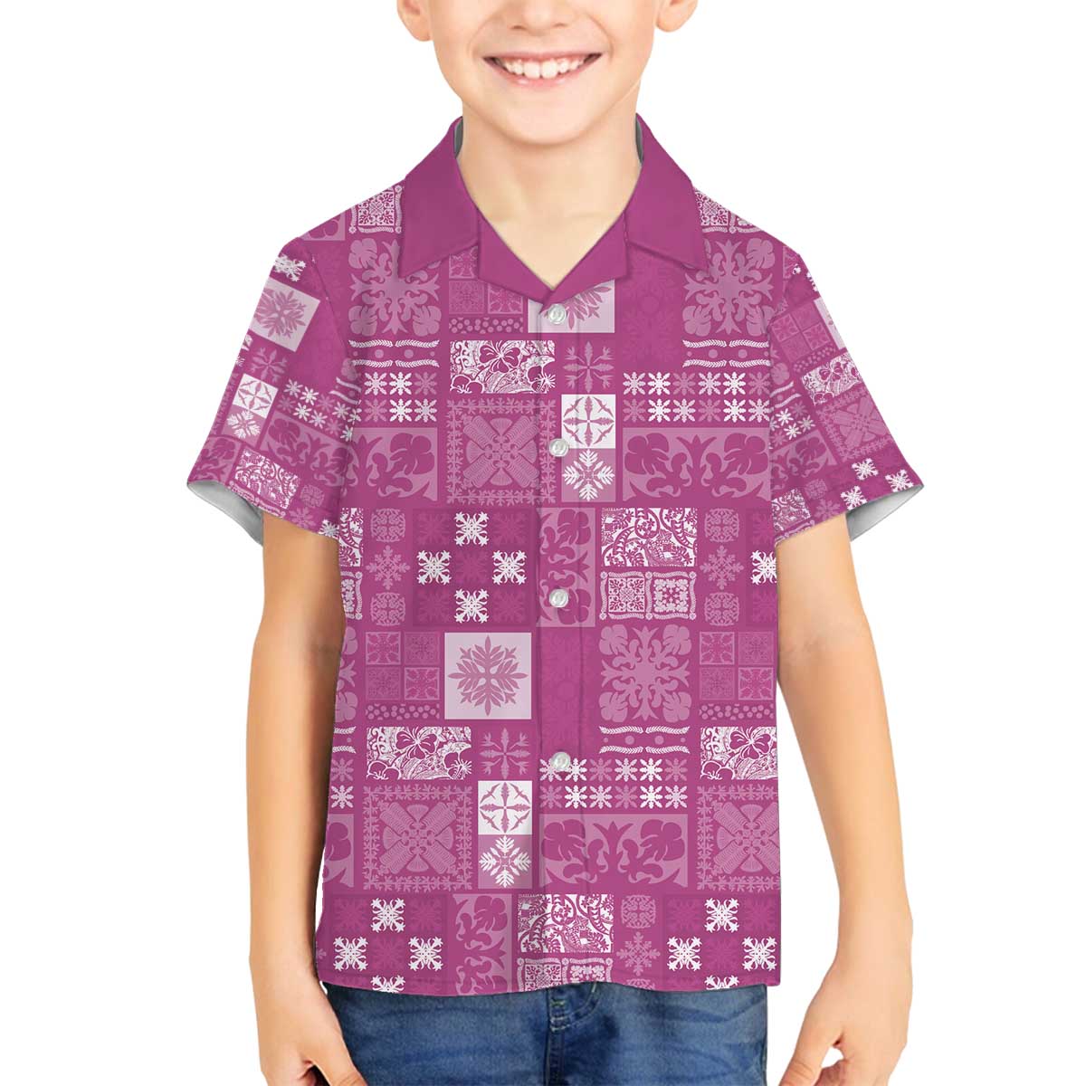 Vintage Hawaiian Quilting Patterns Family Matching Off The Shoulder Long Sleeve Dress and Hawaiian Shirt Pink Style Tribal Fabric Patchwork - Polynesian Pride