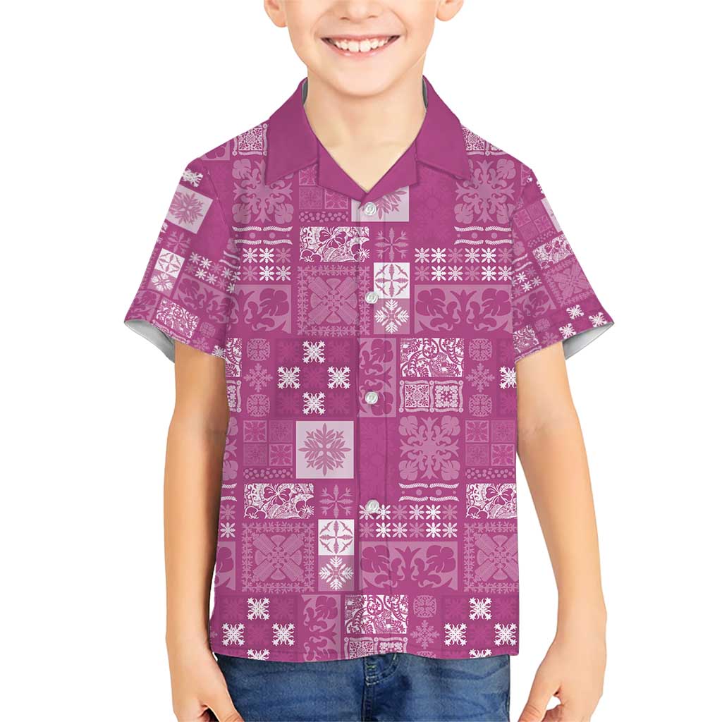 Vintage Hawaiian Quilting Patterns Family Matching Short Sleeve Bodycon Dress and Hawaiian Shirt Pink Style Tribal Fabric Patchwork - Polynesian Pride