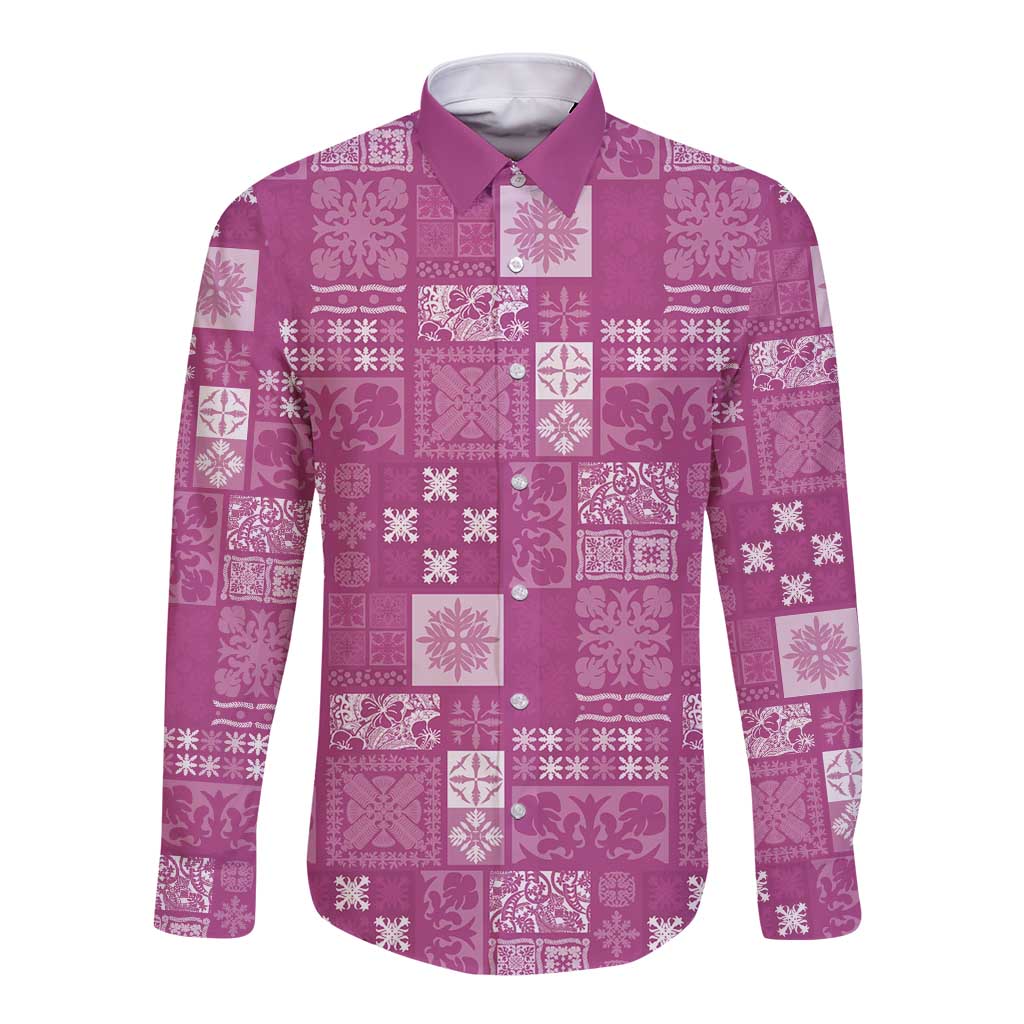 Vintage Hawaiian Quilting Patterns Long Sleeve Button Shirt Pink Style Tribal Fabric Patchwork - Polynesian Pride
