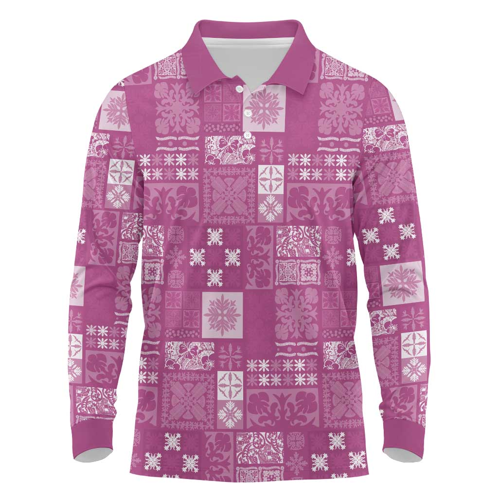 Vintage Hawaiian Quilting Patterns Long Sleeve Polo Shirt Pink Style Tribal Fabric Patchwork - Polynesian Pride