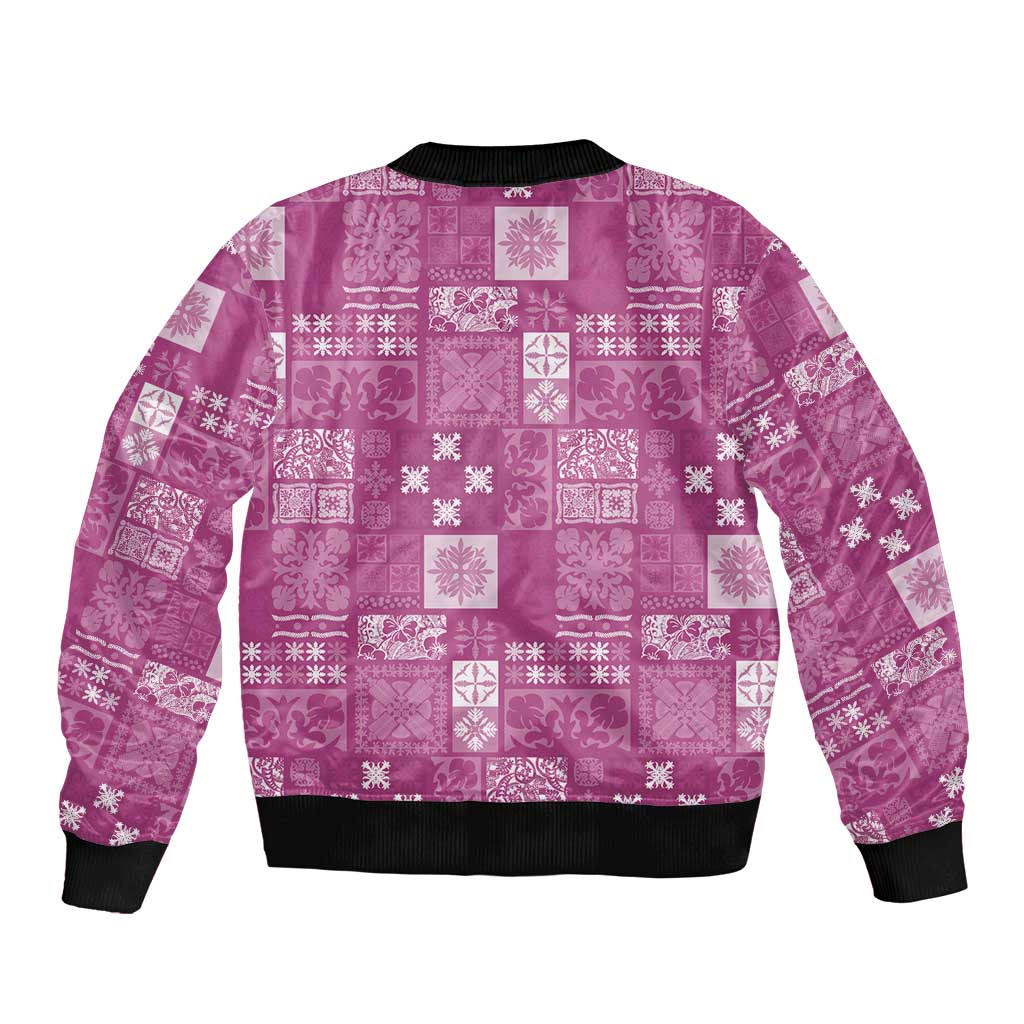 Vintage Hawaiian Quilting Patterns Sleeve Zip Bomber Jacket Pink Style Tribal Fabric Patchwork - Polynesian Pride