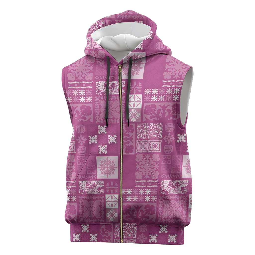 Vintage Hawaiian Quilting Patterns Sleeveless Zip Hoodie Pink Style Tribal Fabric Patchwork - Polynesian Pride