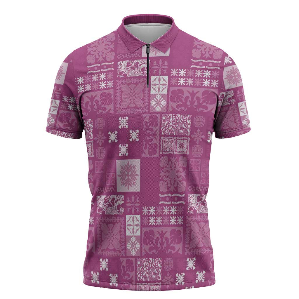 Vintage Hawaiian Quilting Patterns Zipper Polo Shirt Pink Style Tribal Fabric Patchwork - Polynesian Pride