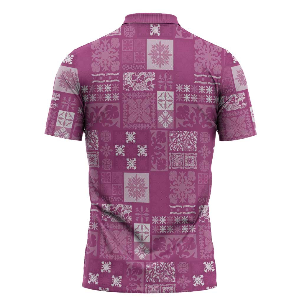Vintage Hawaiian Quilting Patterns Zipper Polo Shirt Pink Style Tribal Fabric Patchwork - Polynesian Pride