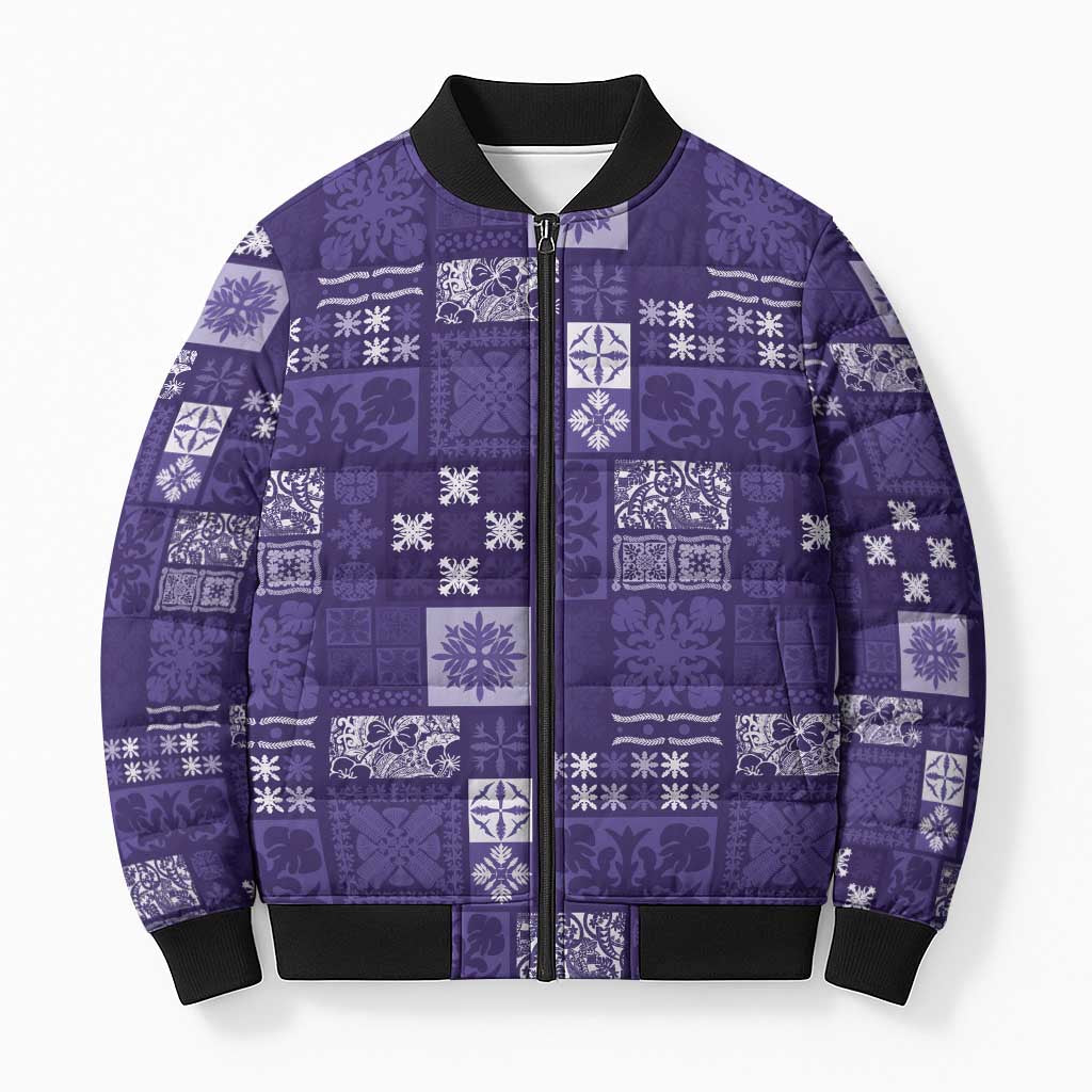 Vintage Hawaiian Quilting Patterns Bomber Puffer Jacket Purple Style Tribal Fabric Patchwork - Polynesian Pride