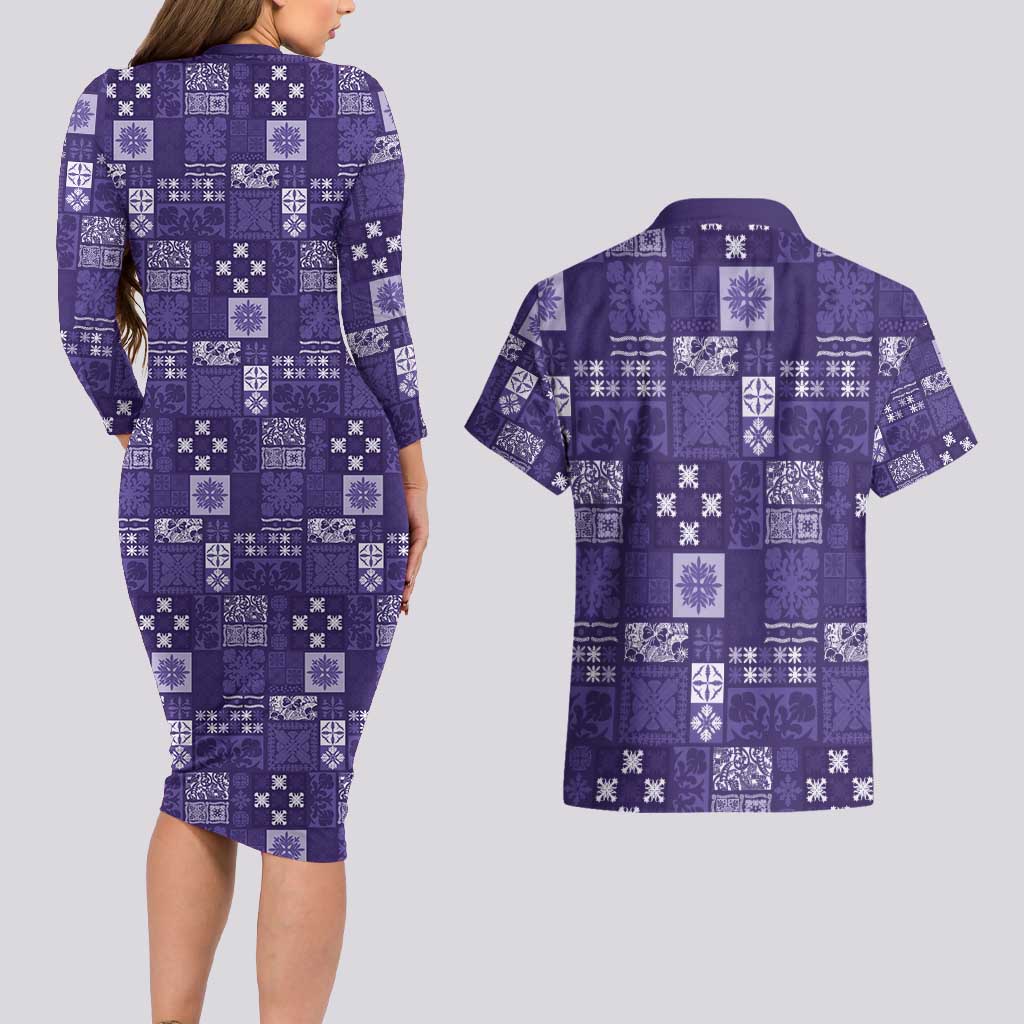Vintage Hawaiian Quilting Patterns Couples Matching Long Sleeve Bodycon Dress and Hawaiian Shirt Purple Style Tribal Fabric Patchwork - Polynesian Pride
