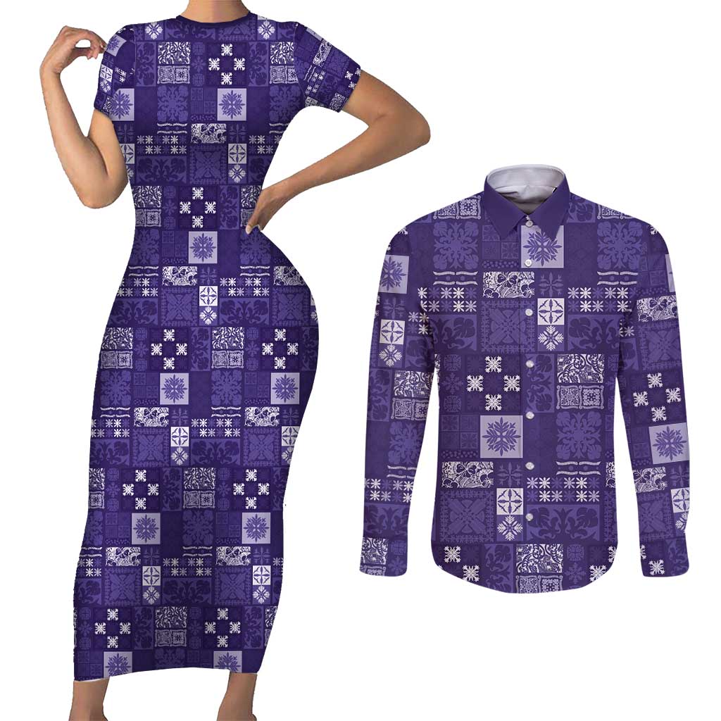 Vintage Hawaiian Quilting Patterns Couples Matching Short Sleeve Bodycon Dress and Long Sleeve Button Shirt Purple Style Tribal Fabric Patchwork - Polynesian Pride