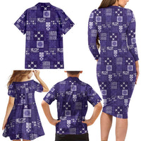 Vintage Hawaiian Quilting Patterns Family Matching Long Sleeve Bodycon Dress and Hawaiian Shirt Purple Style Tribal Fabric Patchwork - Polynesian Pride