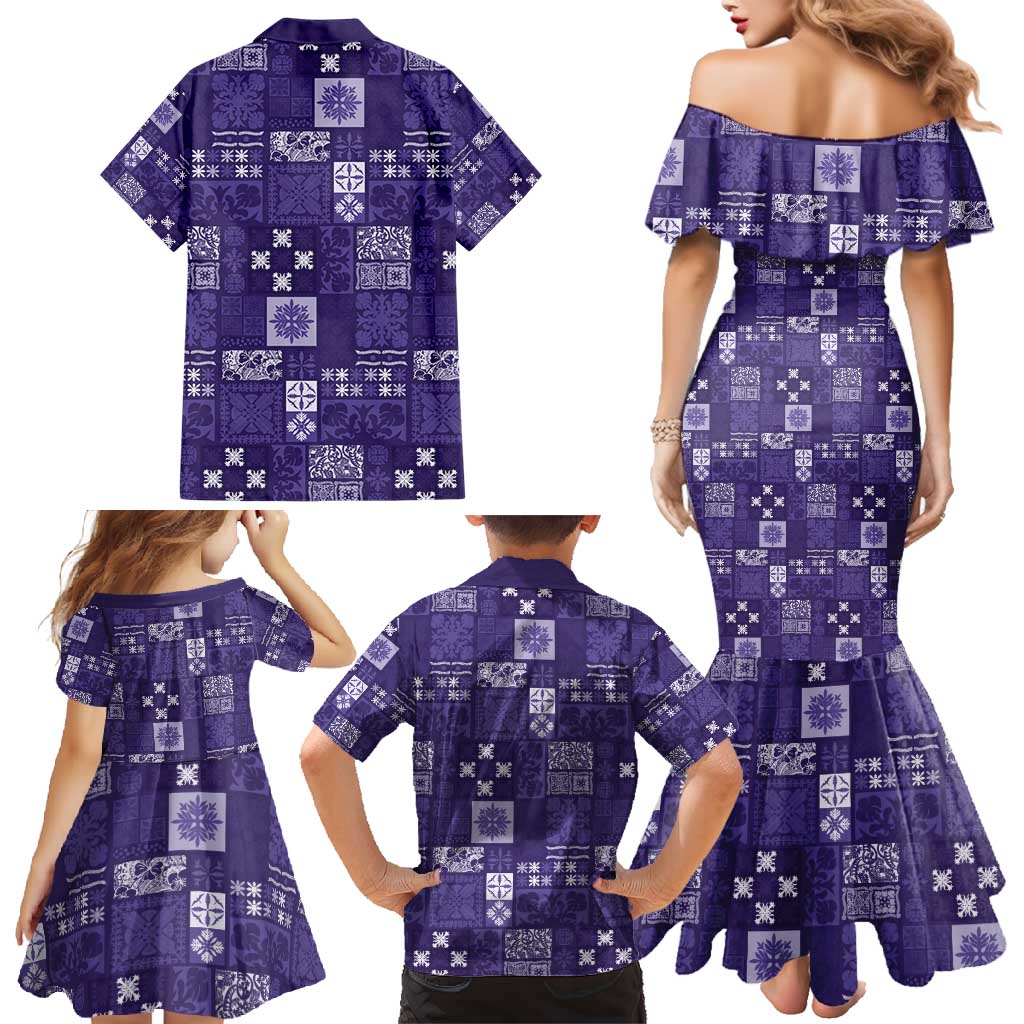 Vintage Hawaiian Quilting Patterns Family Matching Mermaid Dress and Hawaiian Shirt Purple Style Tribal Fabric Patchwork - Polynesian Pride