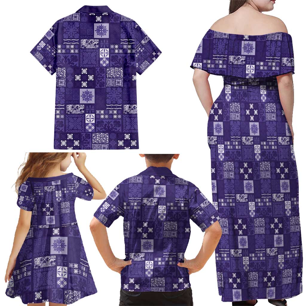 Vintage Hawaiian Quilting Patterns Family Matching Off Shoulder Maxi Dress and Hawaiian Shirt Purple Style Tribal Fabric Patchwork - Polynesian Pride