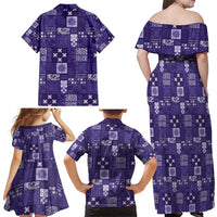Vintage Hawaiian Quilting Patterns Family Matching Off Shoulder Maxi Dress and Hawaiian Shirt Purple Style Tribal Fabric Patchwork - Polynesian Pride