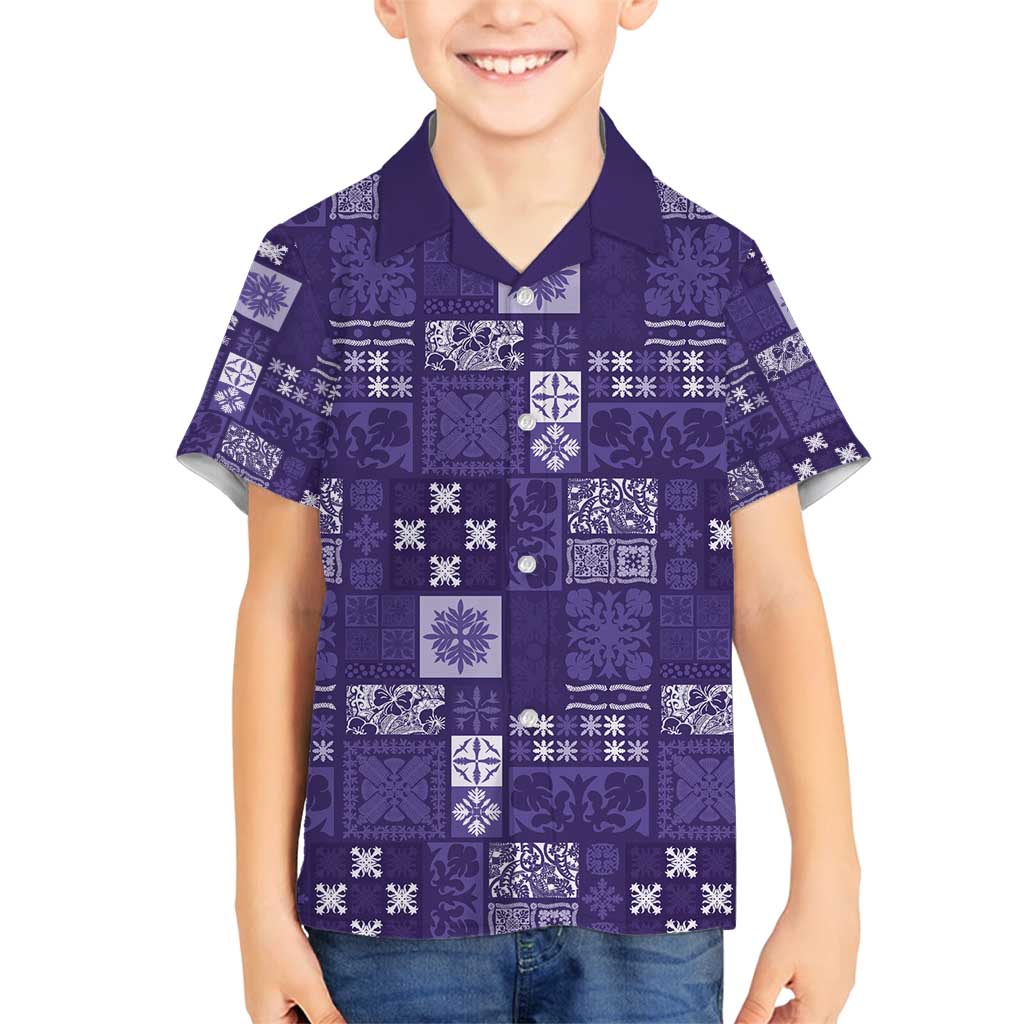 Vintage Hawaiian Quilting Patterns Family Matching Off Shoulder Maxi Dress and Hawaiian Shirt Purple Style Tribal Fabric Patchwork - Polynesian Pride