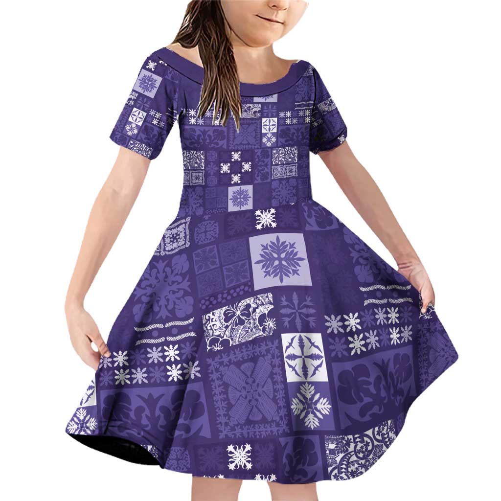 Vintage Hawaiian Quilting Patterns Family Matching Off Shoulder Short Dress and Hawaiian Shirt Purple Style Tribal Fabric Patchwork - Polynesian Pride