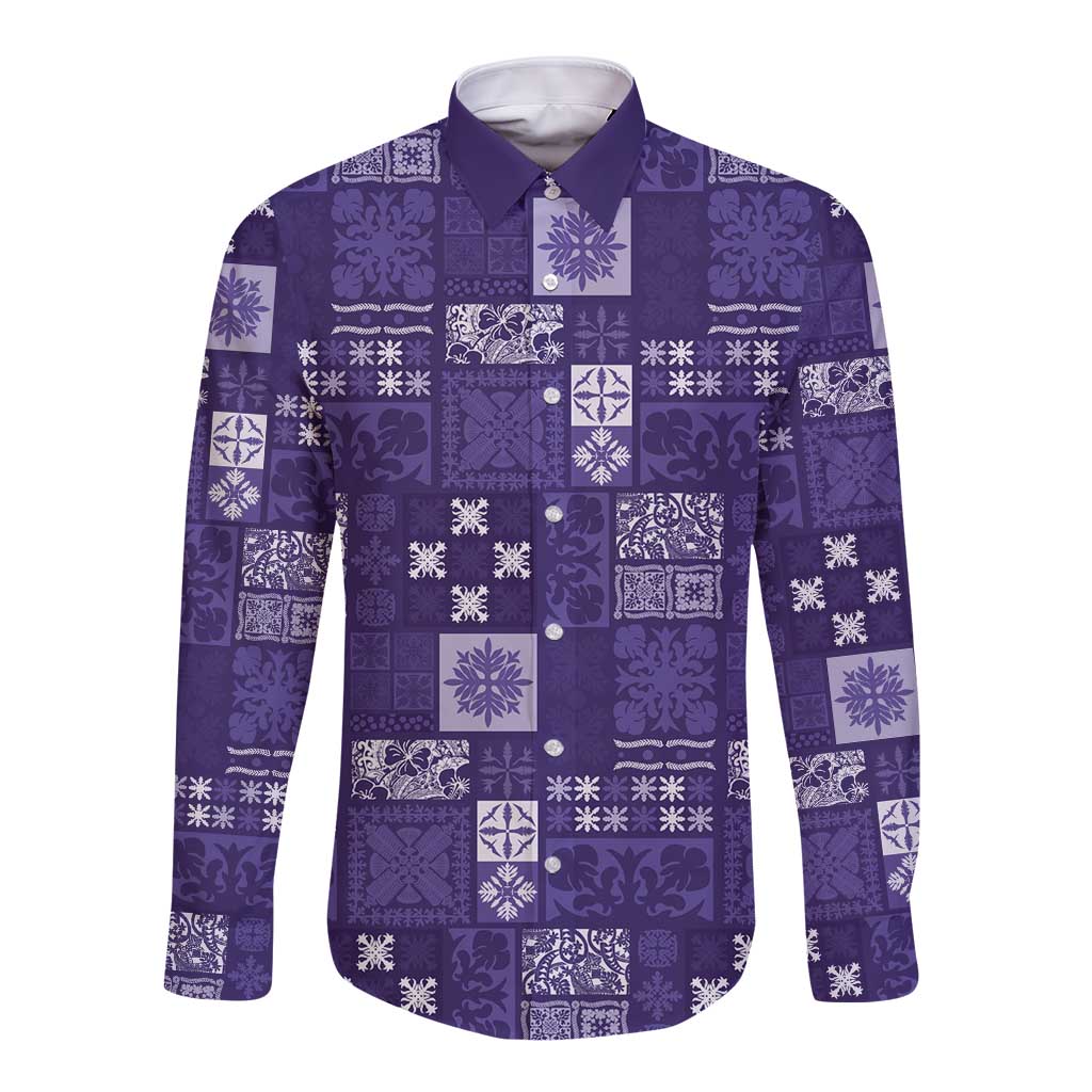 Vintage Hawaiian Quilting Patterns Long Sleeve Button Shirt Purple Style Tribal Fabric Patchwork - Polynesian Pride