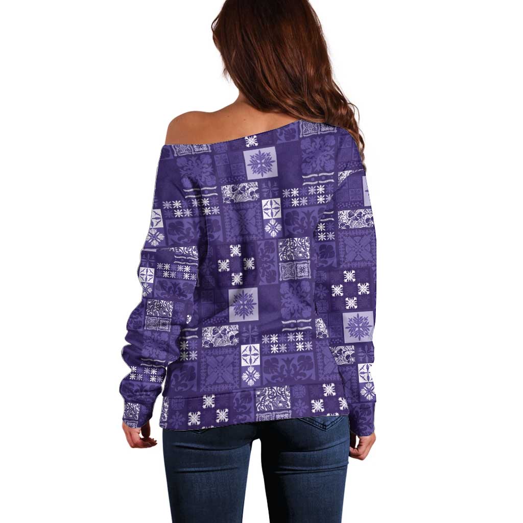 Vintage Hawaiian Quilting Patterns Off Shoulder Sweater Purple Style Tribal Fabric Patchwork - Polynesian Pride