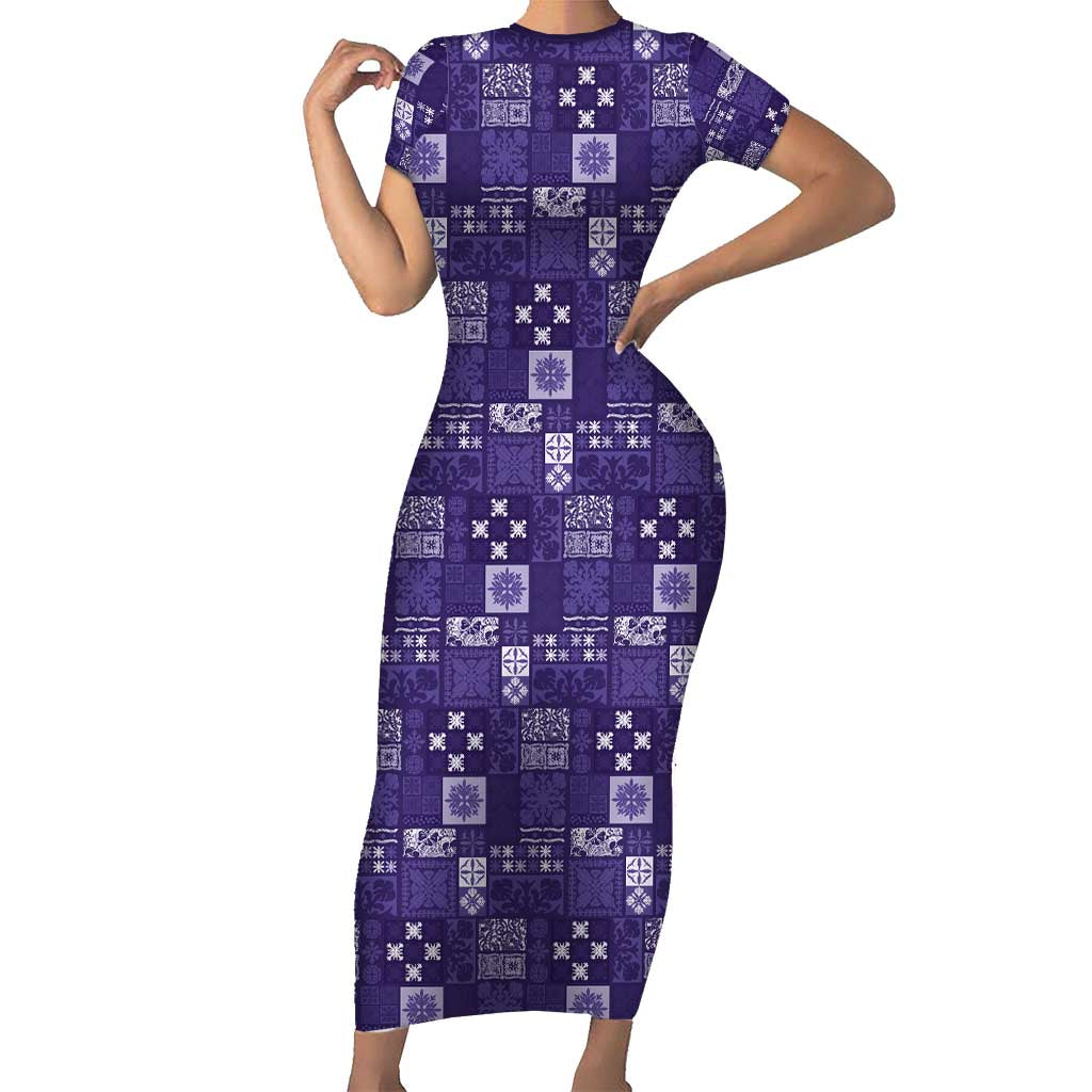 Vintage Hawaiian Quilting Patterns Short Sleeve Bodycon Dress Purple Style Tribal Fabric Patchwork - Polynesian Pride