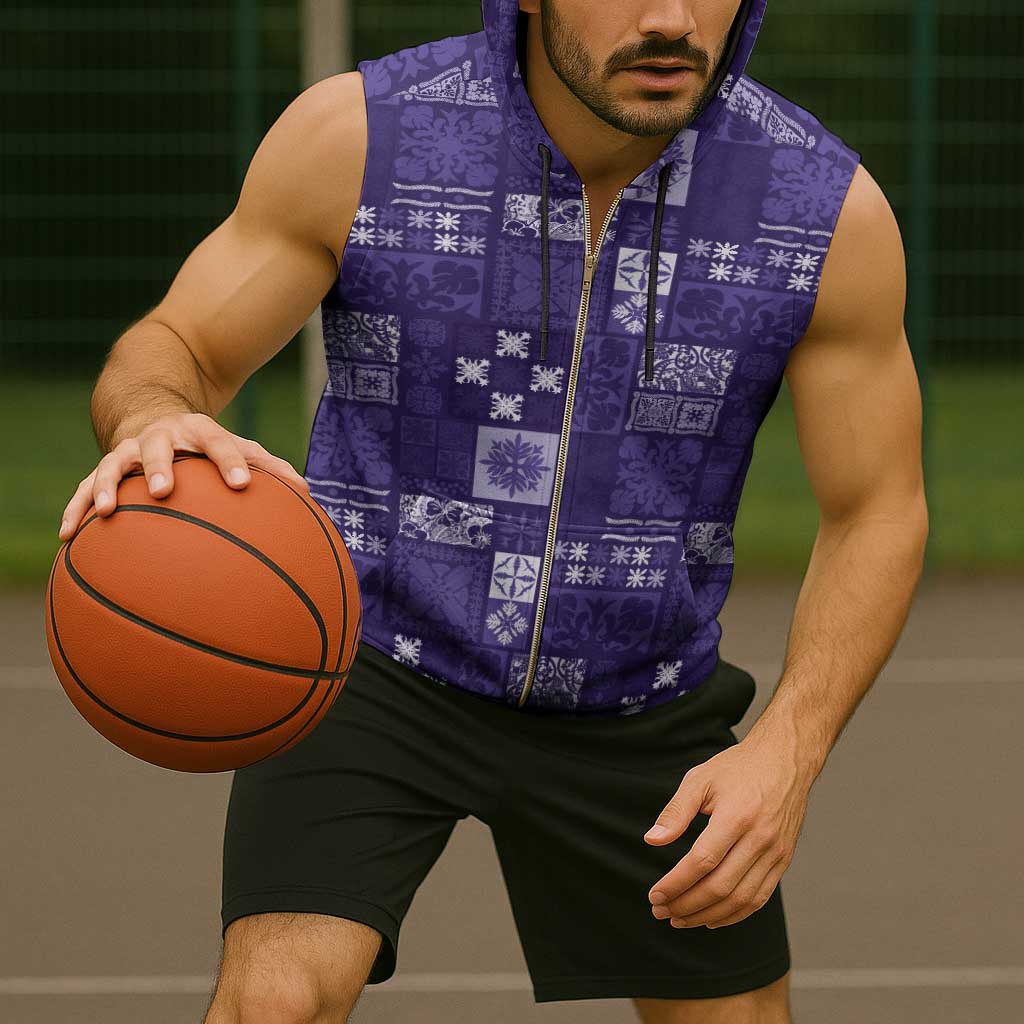 Vintage Hawaiian Quilting Patterns Sleeveless Zip Hoodie Purple Style Tribal Fabric Patchwork - Polynesian Pride