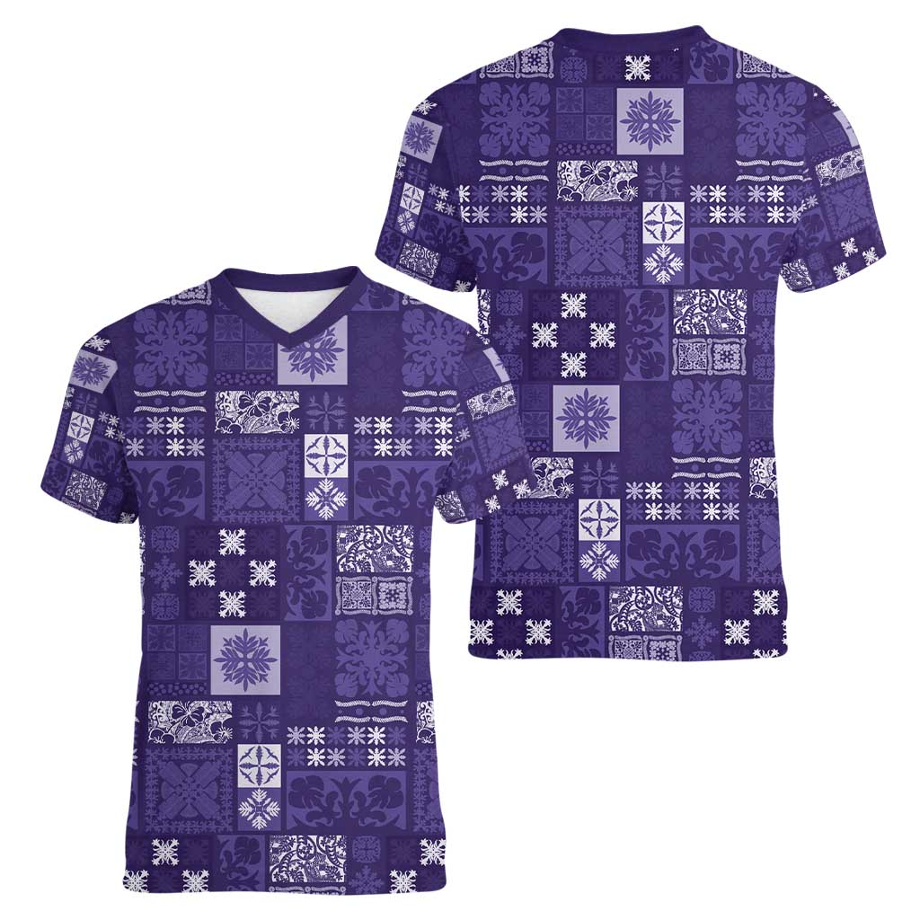Vintage Hawaiian Quilting Patterns Women V-Neck T-Shirt Purple Style Tribal Fabric Patchwork - Polynesian Pride