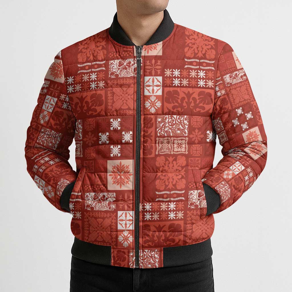 Vintage Hawaiian Quilting Patterns Bomber Puffer Jacket Red Style Tribal Fabric Patchwork - Polynesian Pride