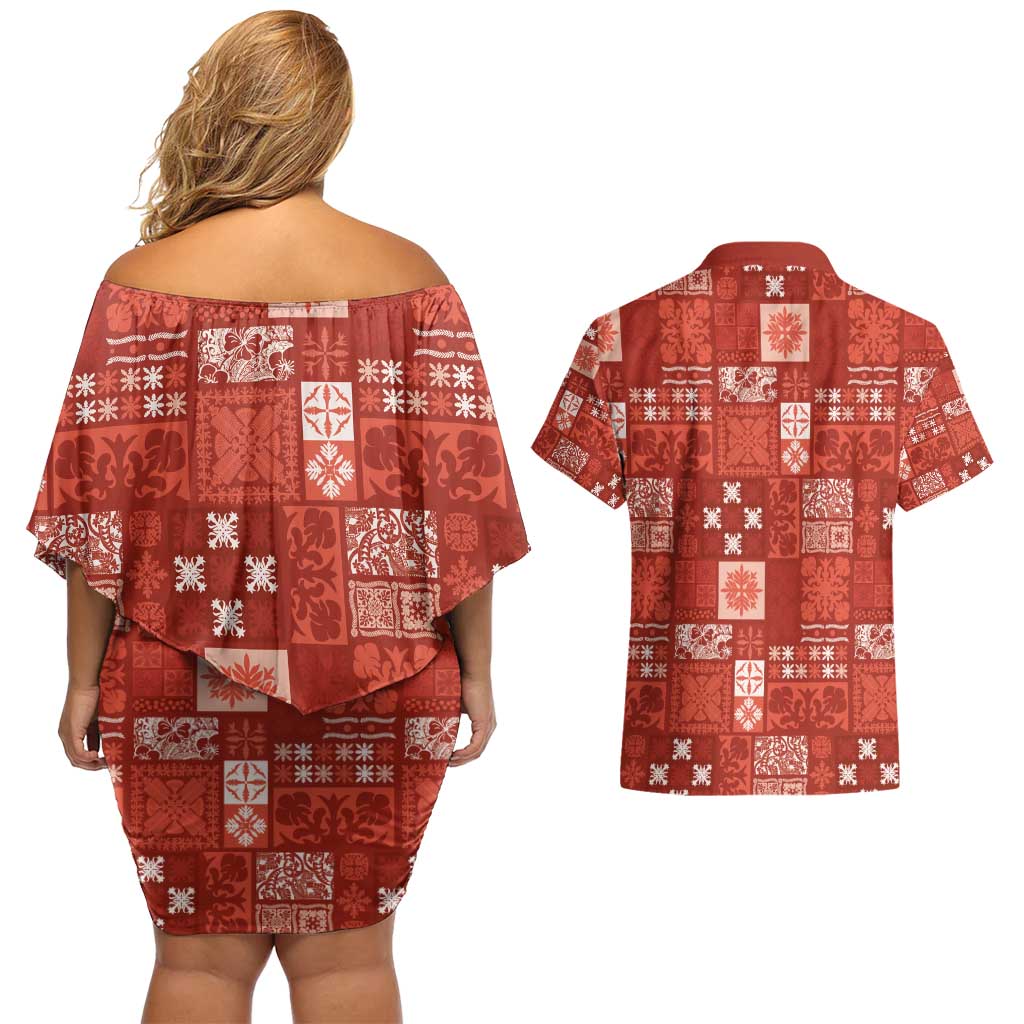 Vintage Hawaiian Quilting Patterns Couples Matching Off Shoulder Short Dress and Hawaiian Shirt Red Style Tribal Fabric Patchwork - Polynesian Pride