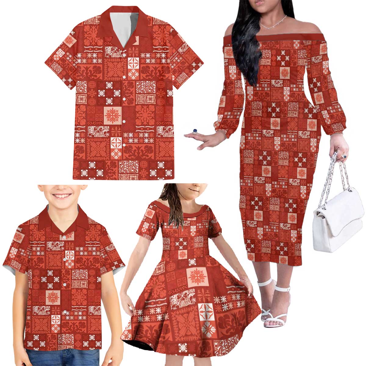 Vintage Hawaiian Quilting Patterns Family Matching Off The Shoulder Long Sleeve Dress and Hawaiian Shirt Red Style Tribal Fabric Patchwork - Polynesian Pride