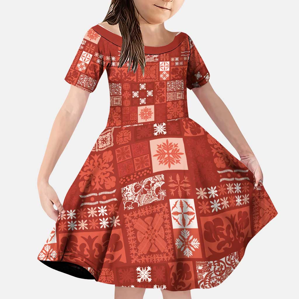 Vintage Hawaiian Quilting Patterns Family Matching Off Shoulder Maxi Dress and Hawaiian Shirt Red Style Tribal Fabric Patchwork - Polynesian Pride