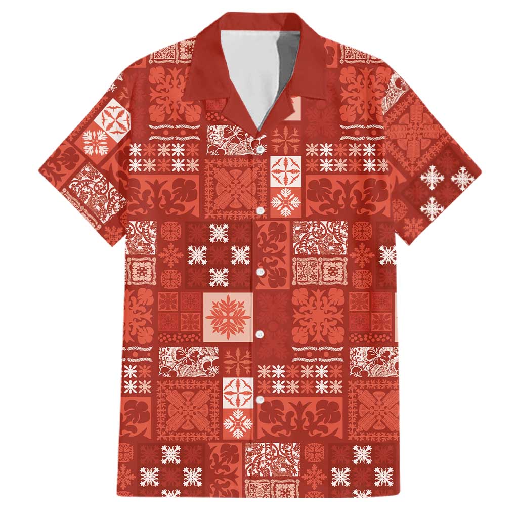 Vintage Hawaiian Quilting Patterns Family Matching Off Shoulder Maxi Dress and Hawaiian Shirt Red Style Tribal Fabric Patchwork - Polynesian Pride