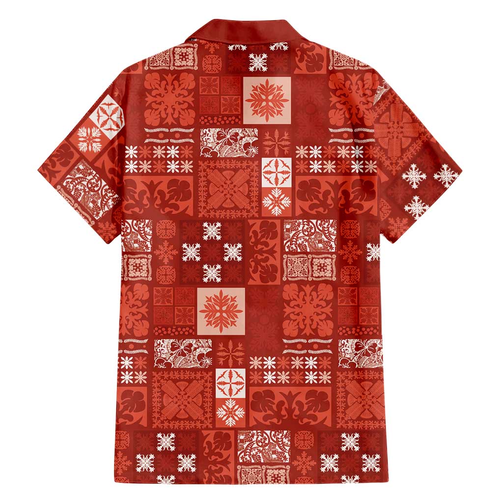Vintage Hawaiian Quilting Patterns Family Matching Off Shoulder Maxi Dress and Hawaiian Shirt Red Style Tribal Fabric Patchwork - Polynesian Pride