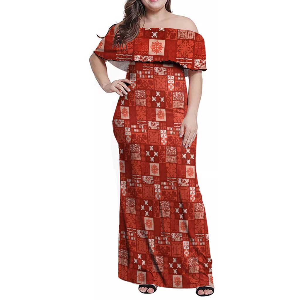 Vintage Hawaiian Quilting Patterns Family Matching Off Shoulder Maxi Dress and Hawaiian Shirt Red Style Tribal Fabric Patchwork - Polynesian Pride