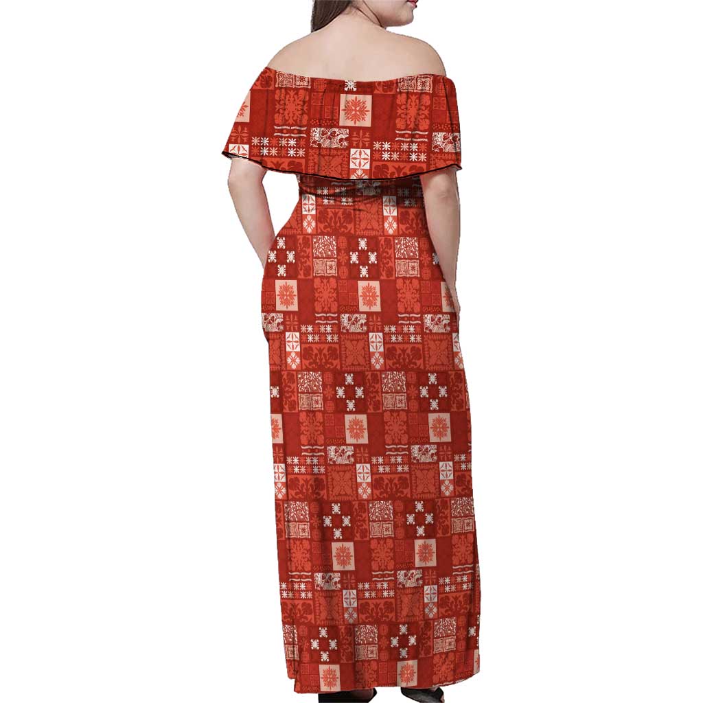 Vintage Hawaiian Quilting Patterns Family Matching Off Shoulder Maxi Dress and Hawaiian Shirt Red Style Tribal Fabric Patchwork - Polynesian Pride