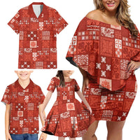 Vintage Hawaiian Quilting Patterns Family Matching Off Shoulder Short Dress and Hawaiian Shirt Red Style Tribal Fabric Patchwork - Polynesian Pride