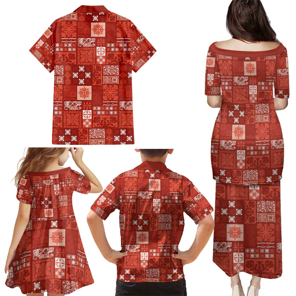 Vintage Hawaiian Quilting Patterns Family Matching Puletasi and Hawaiian Shirt Red Style Tribal Fabric Patchwork - Polynesian Pride