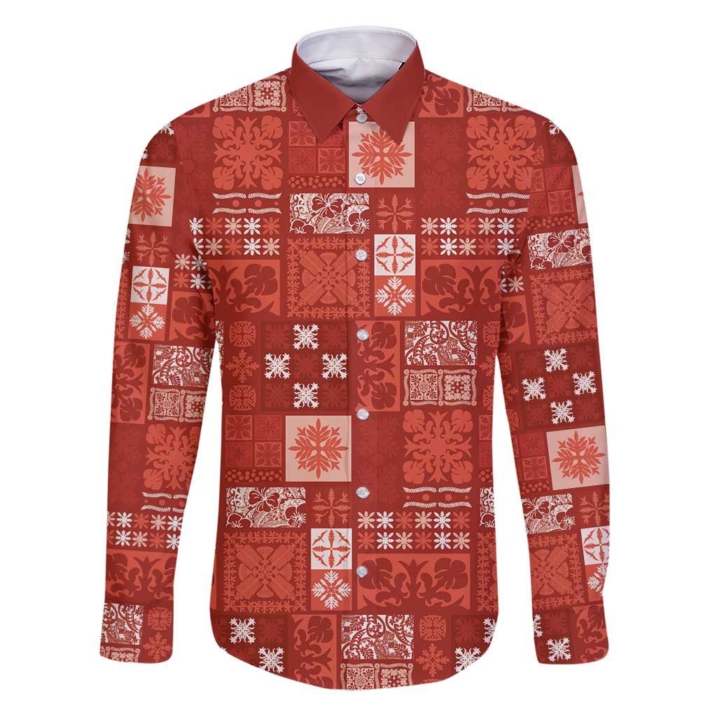 Vintage Hawaiian Quilting Patterns Family Matching Puletasi and Hawaiian Shirt Red Style Tribal Fabric Patchwork - Polynesian Pride