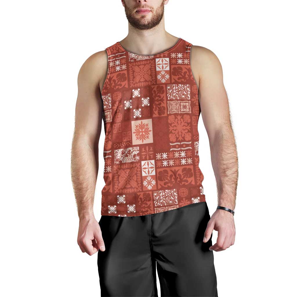 Vintage Hawaiian Quilting Patterns Men Tank Top Red Style Tribal Fabric Patchwork - Polynesian Pride