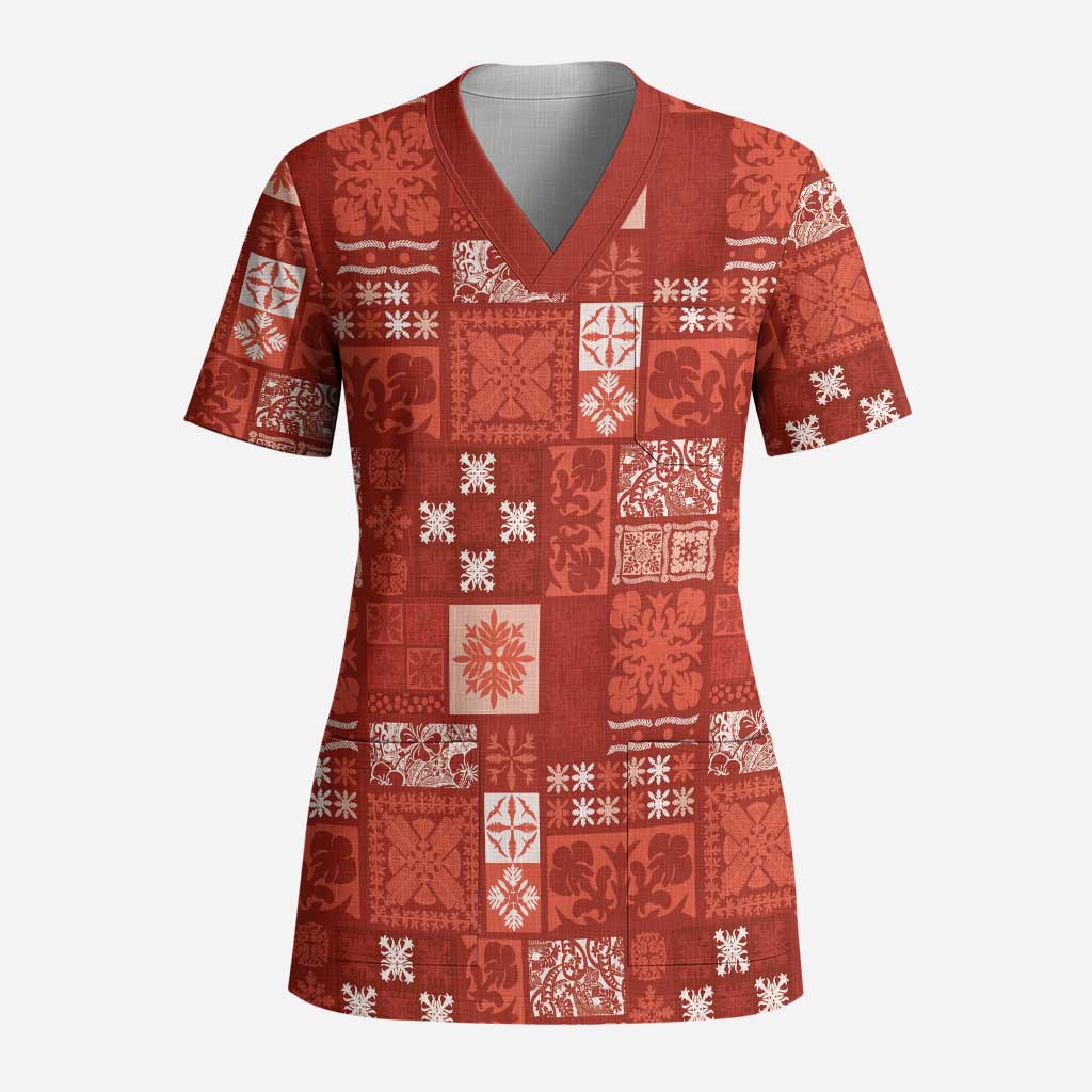 Vintage Hawaiian Quilting Patterns Scrub Top Red Style Tribal Fabric Patchwork - Polynesian Pride